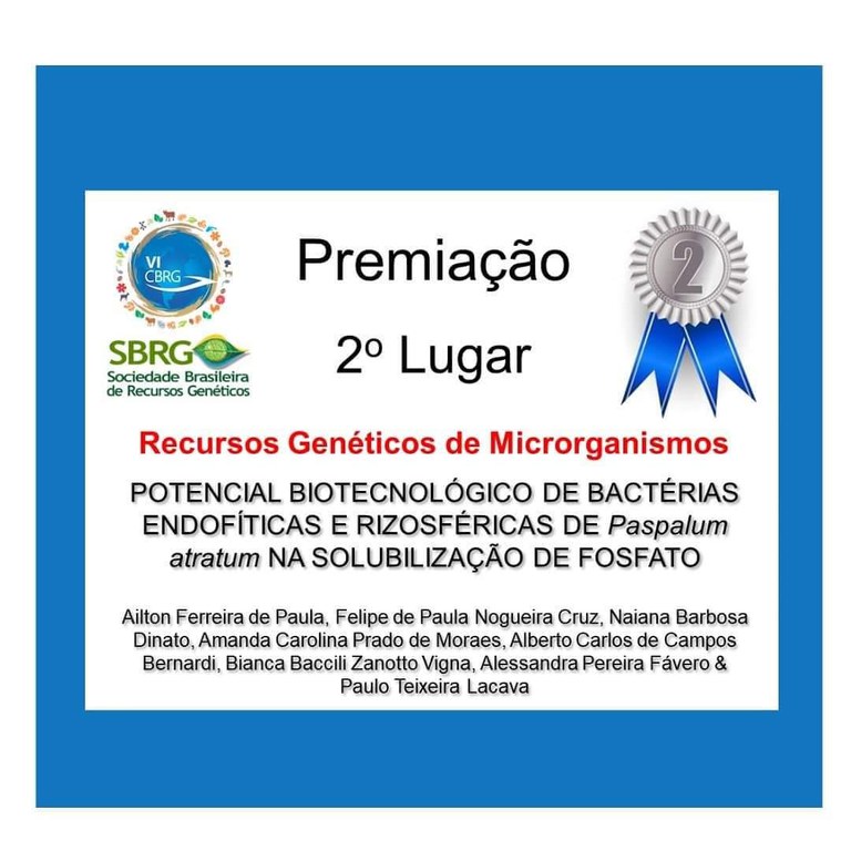Certificado recebido pelo discente Ailton no Congresso Brasileiro de Recursos Genéticos pelo 2ª lugar